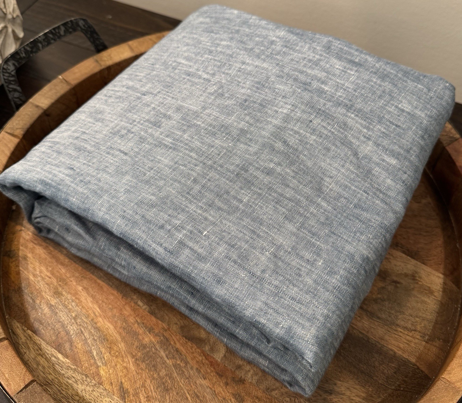 Pottery Barn Belgian Flax Linen Curtain Panel Blue Chambray 50”x84” Cotton Lined