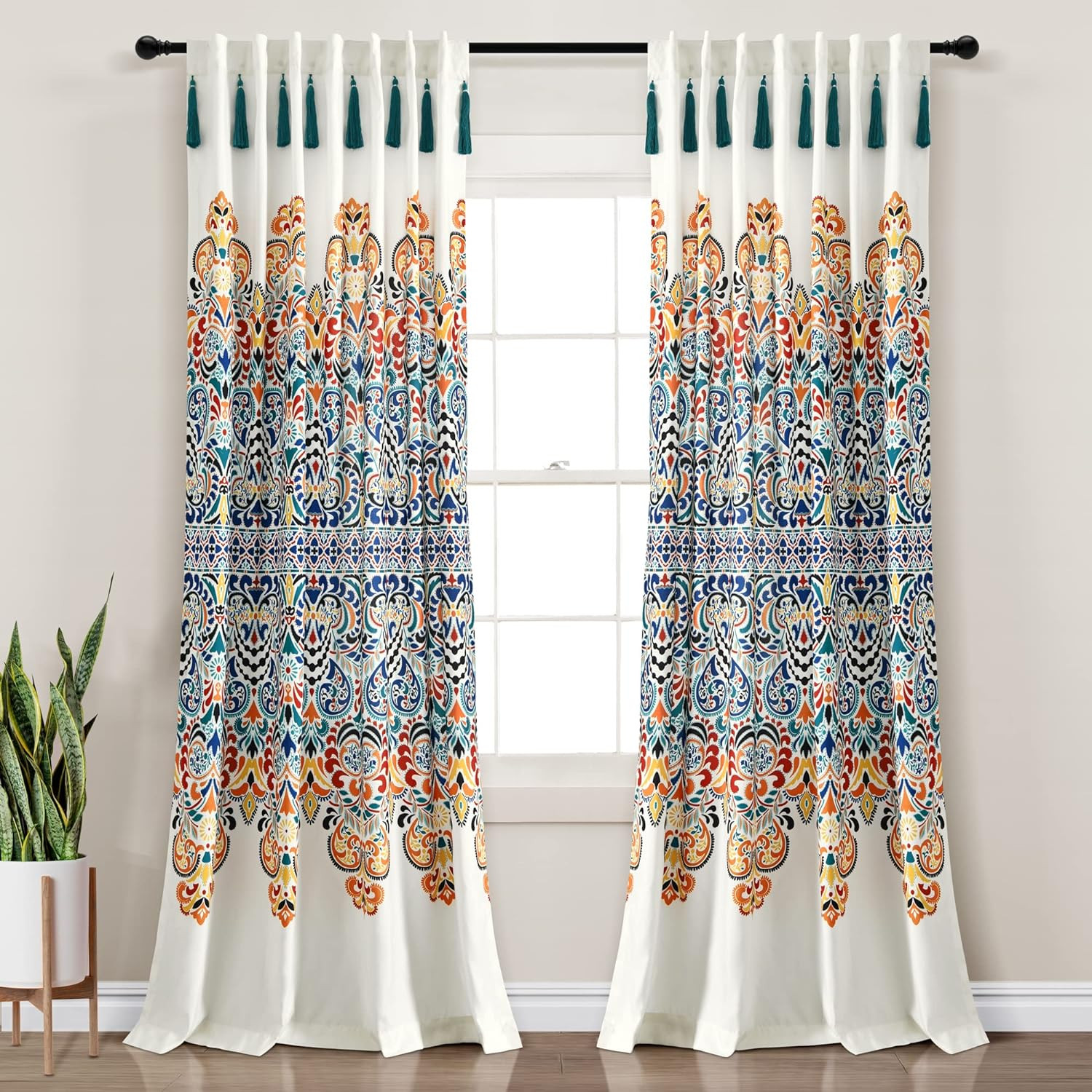 Boho Medallion Light Filtering Curtain Panels 52″x84″ Turquoise & Tangerine