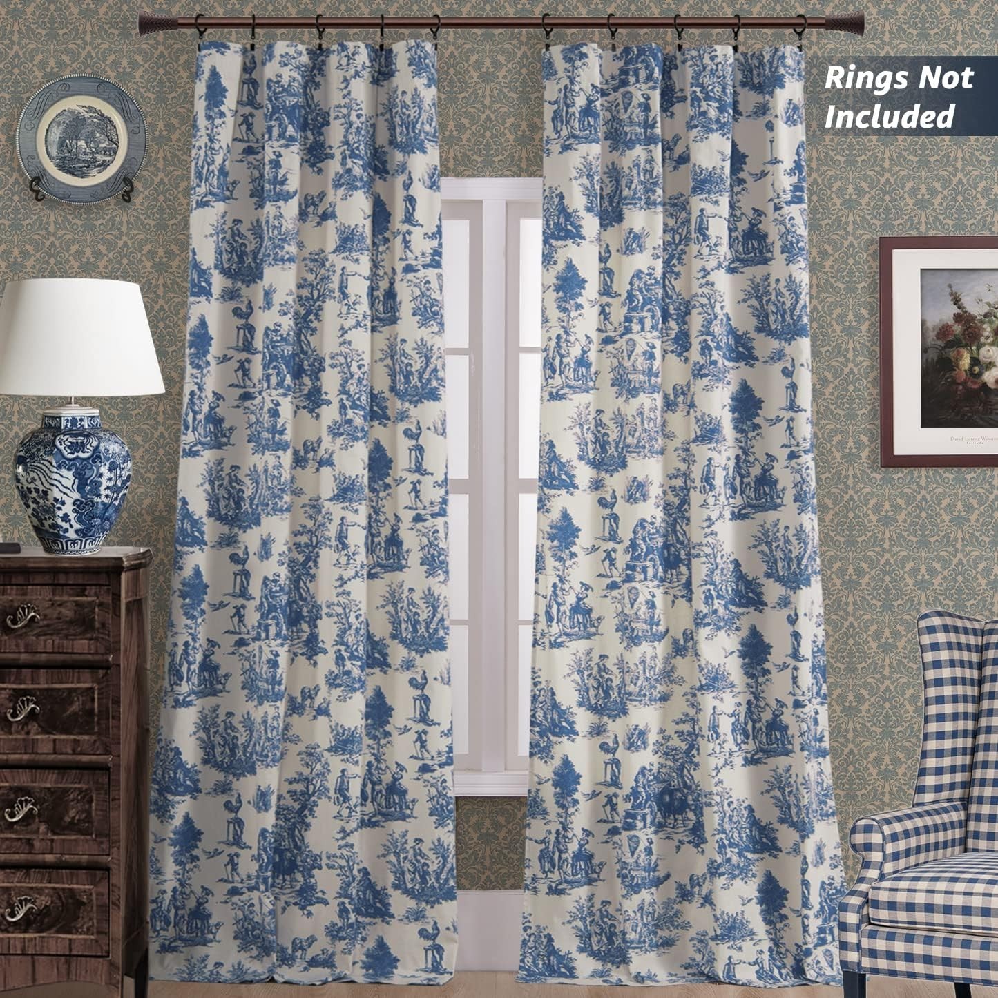 Blue & White Curtains 96″ Long 2 Panels Living Room Window Drapes Moderate Black