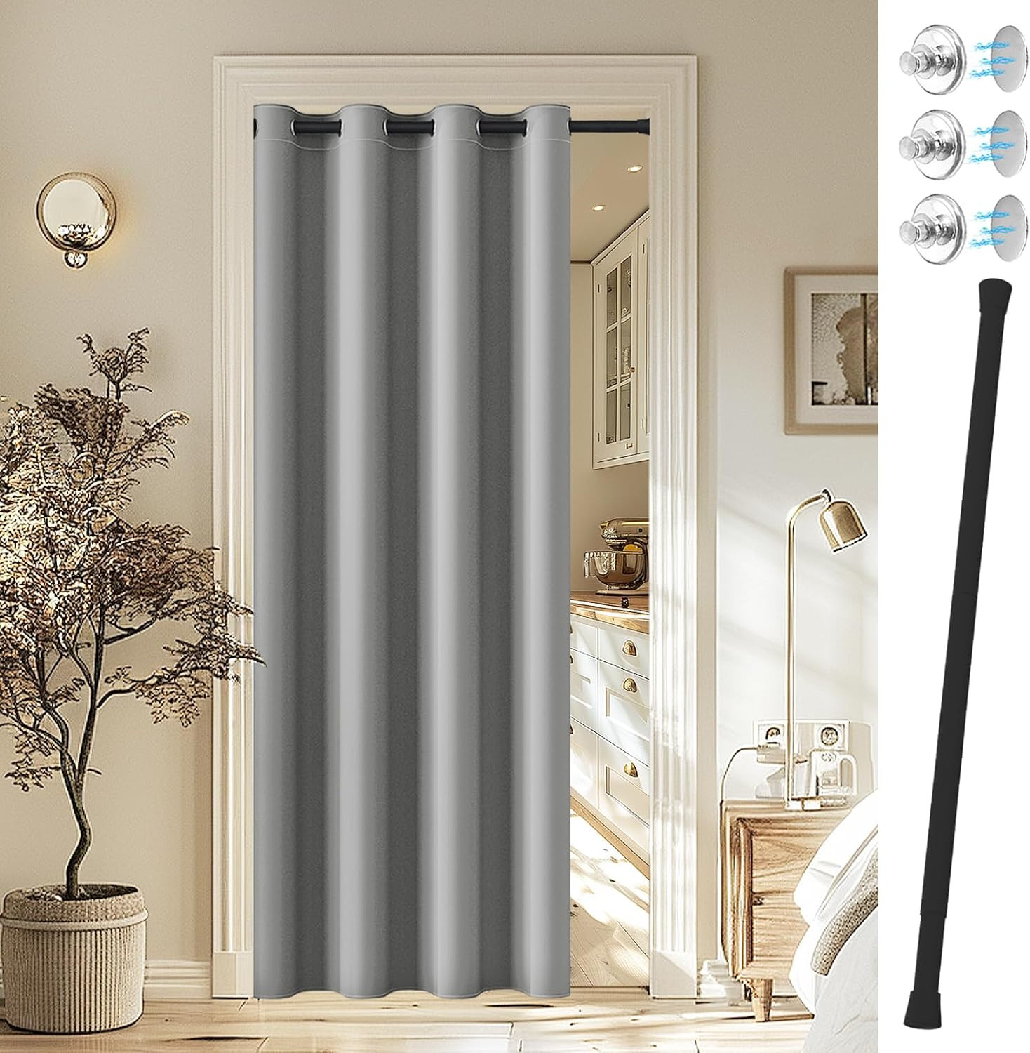 Magnetic Doorway Curtain with Rod, Privacy Closet & Room Divider Panel Silver Gr