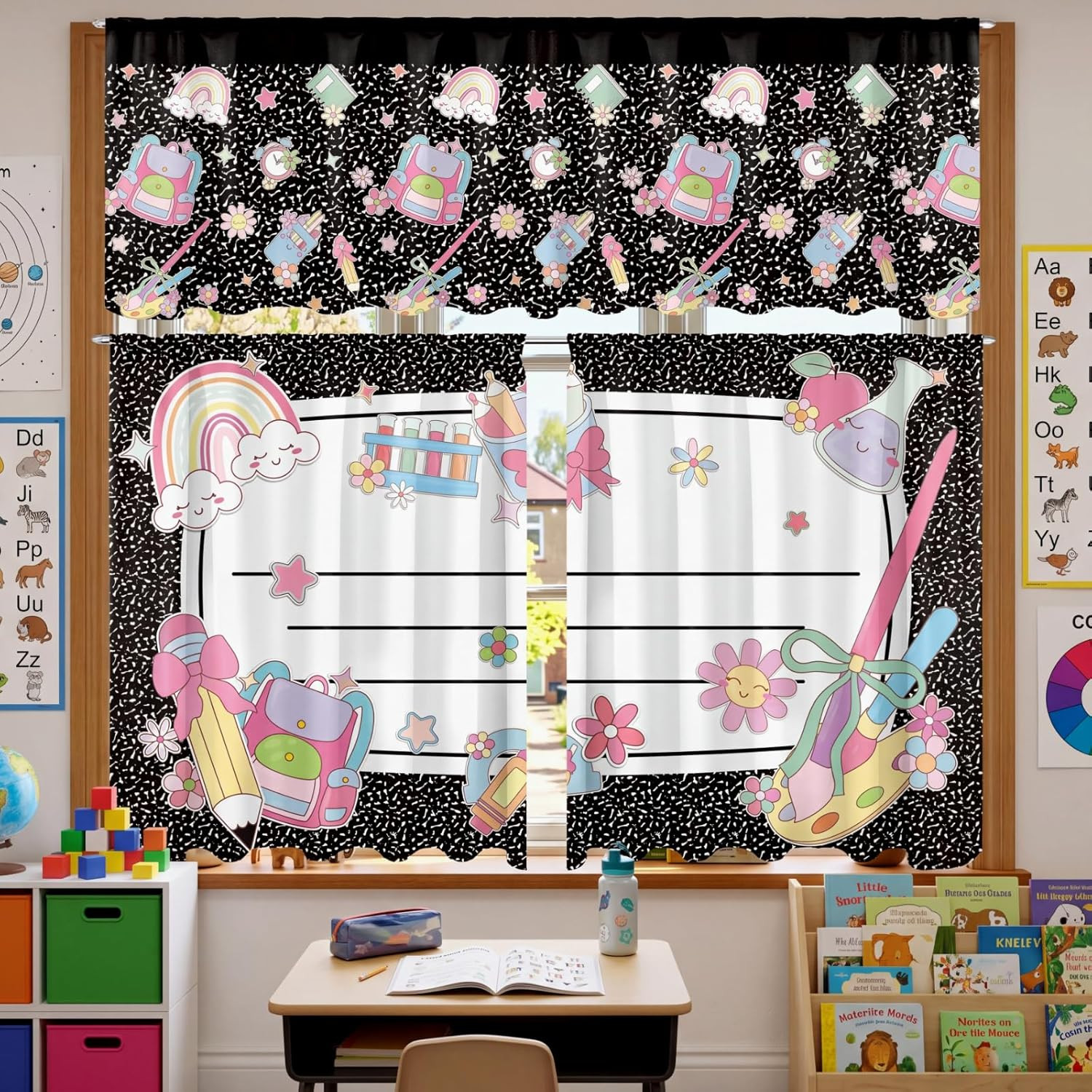 Back to School Classroom Curtain Set, 3Pcs Rod Pocket Curtains with Valance, 54″