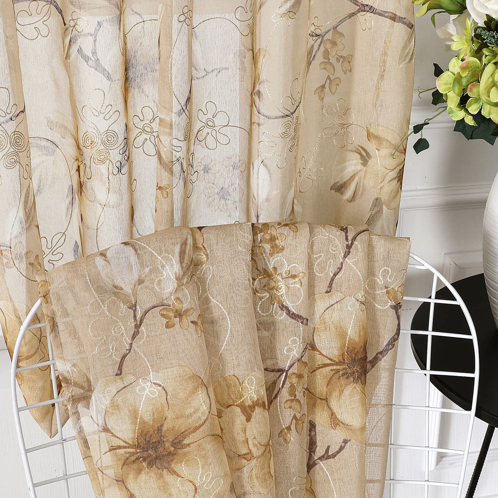 Short Sheer Tier Curtain Beige Flower Leaf Printed Floral Embroidered Half Wi…