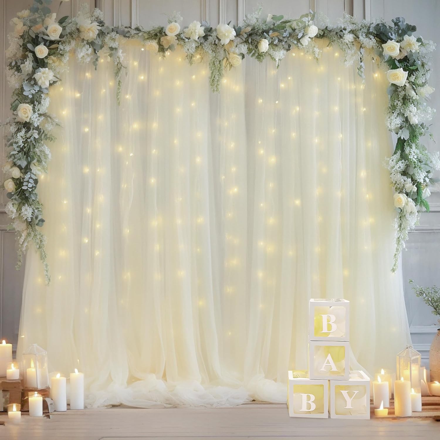 10x10ft Ivory Tulle Backdrop Curtain with Warm LED Lights Wedding Party Decor