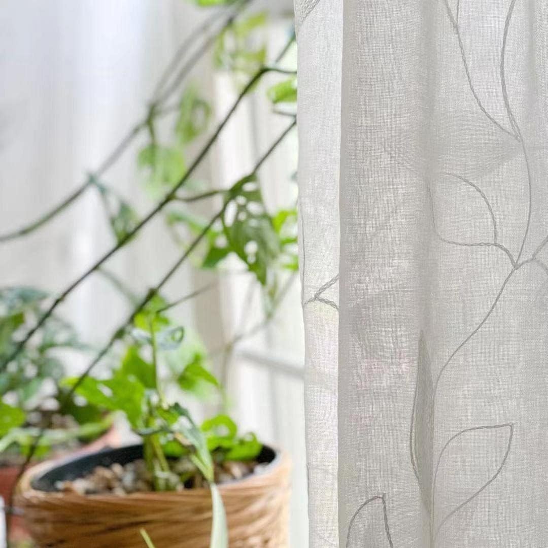 Elegant White Sheer Curtains 52×96” with Embroidered Leaf Pattern – Pack of 2