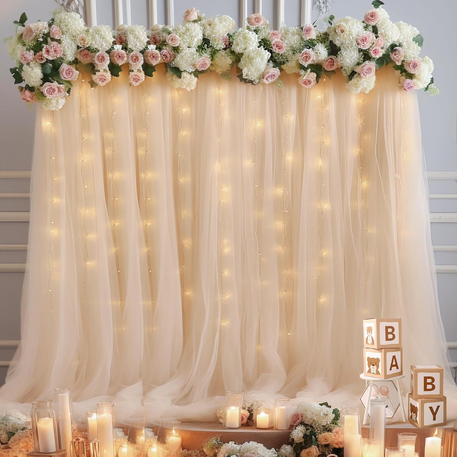 30x10ft Champagne Tulle Backdrop Curtain with Lights String for Parites, Sheer