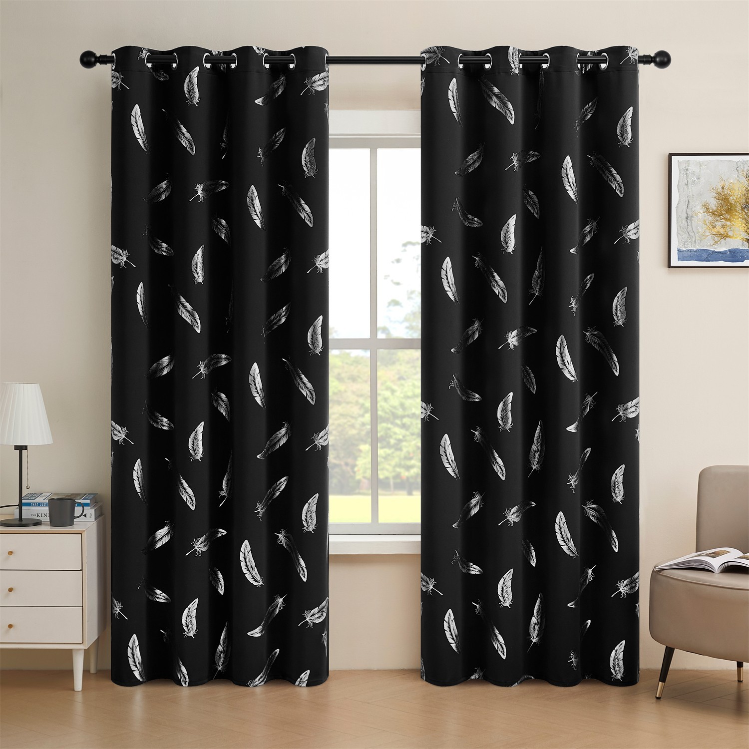2 Panels Feather Room Darkening Curtains Grommet Top Panels for Bedroom