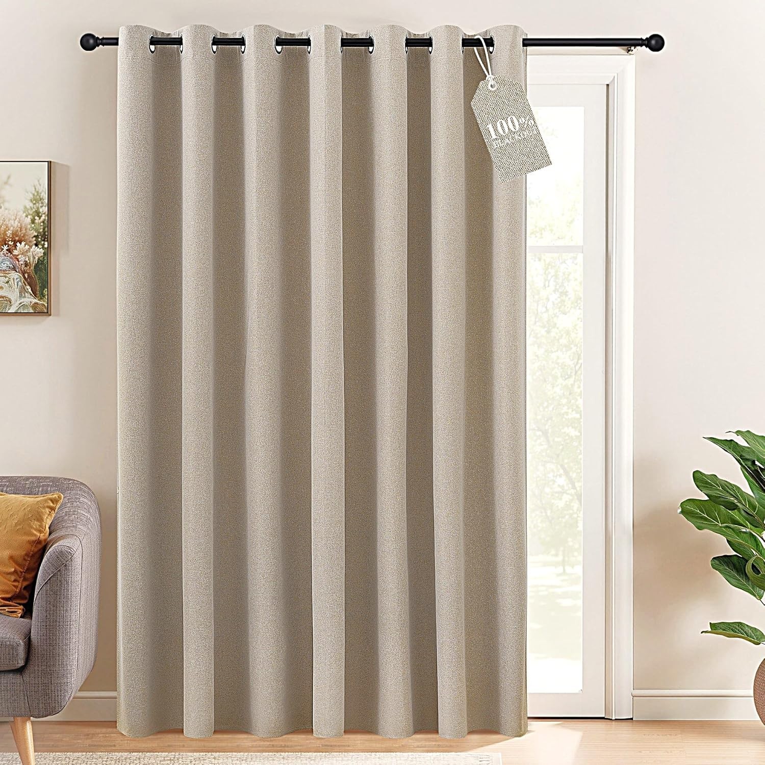 100% Blackout Linen Curtain for Patio Sliding Door, W100 x L84 in Room Divider