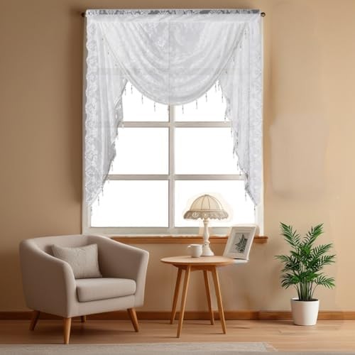 Beaded Waterfall Lace Curtain Valances for 39″W x 41″L (Pack of 1) White