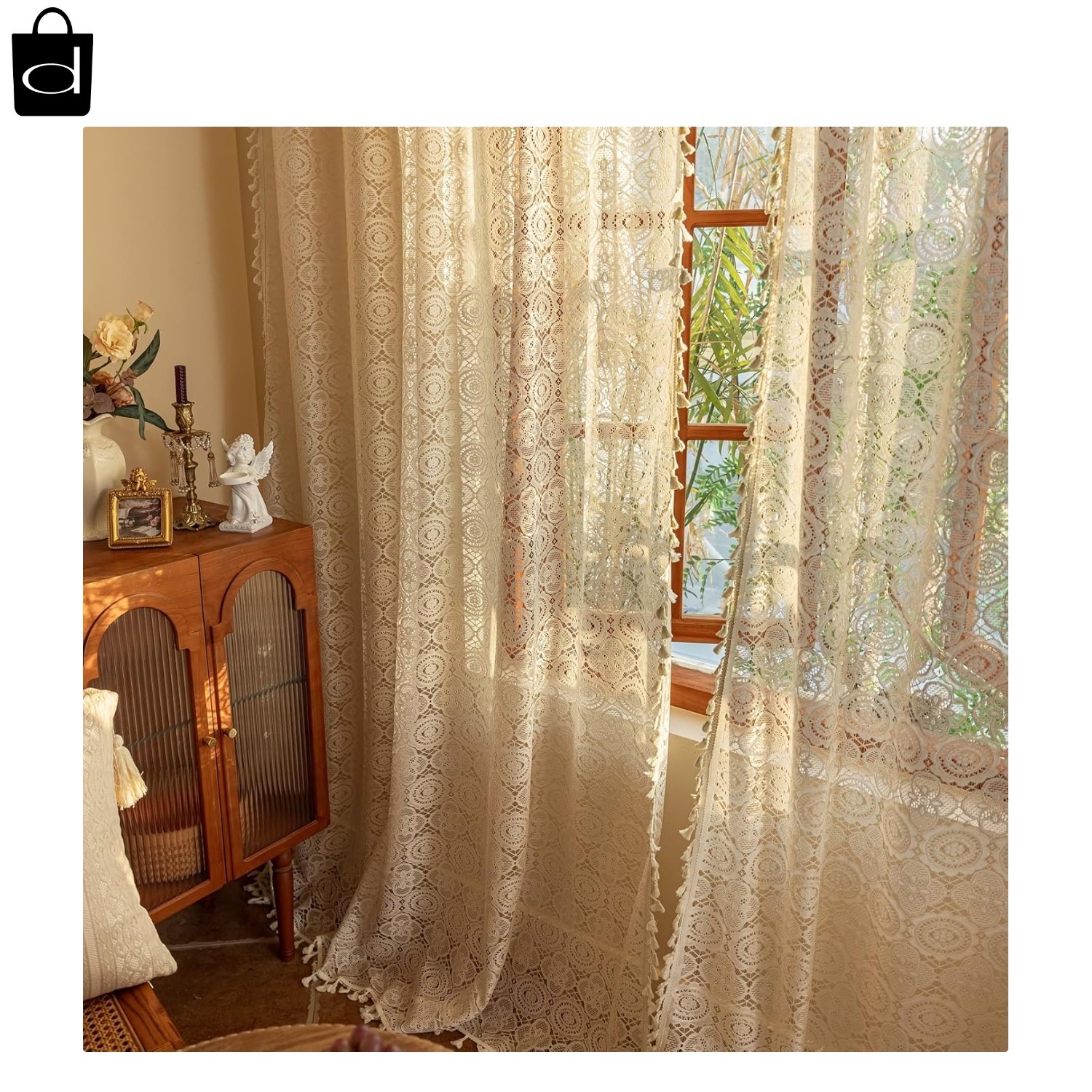 Boho Lace Curtains 84 Inches Long 2 Panels Retro 59″W x 84″L (Pack of 2) Beige