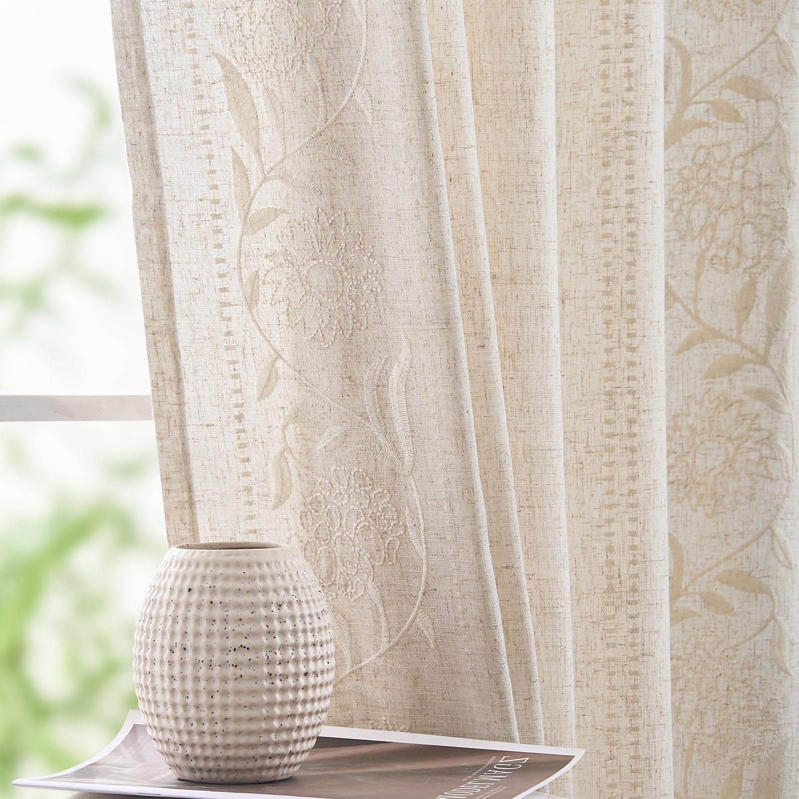 Linen Curtains for Bedroom 84 Inches Length Linen Blended Embroidered Floral …