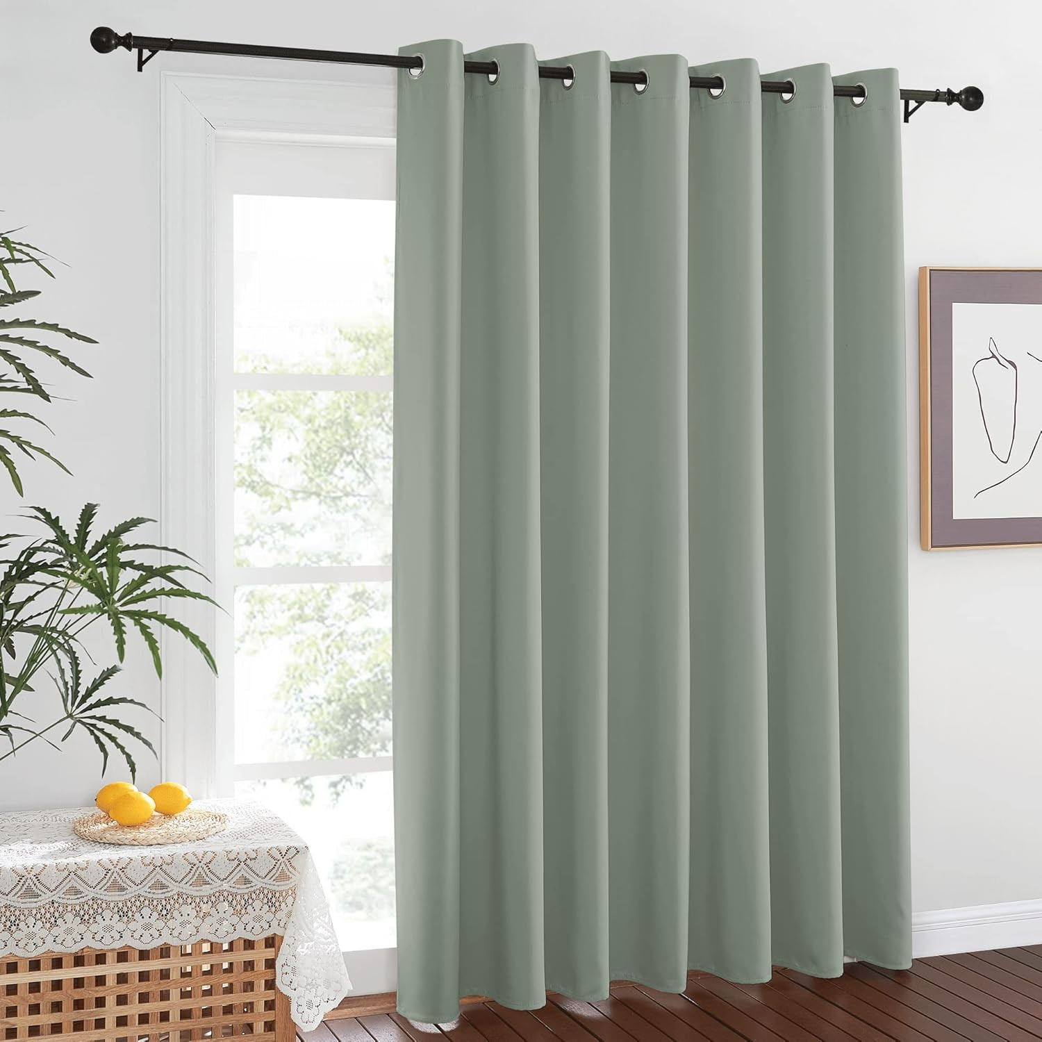 Cortina opaca verde salvia para puerta corrediza de vidrio