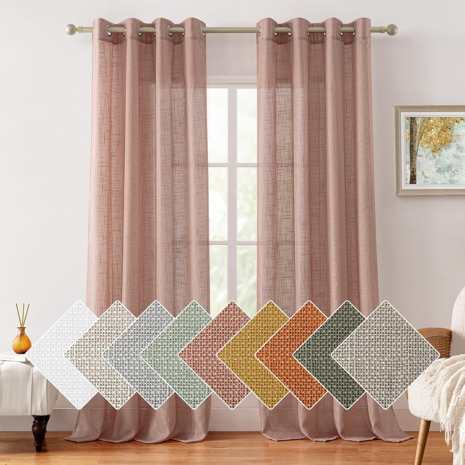 Blush Pink Linen Sheer Curtains, 84 Inches Long 2 Panels Textured Dusty Blush Se