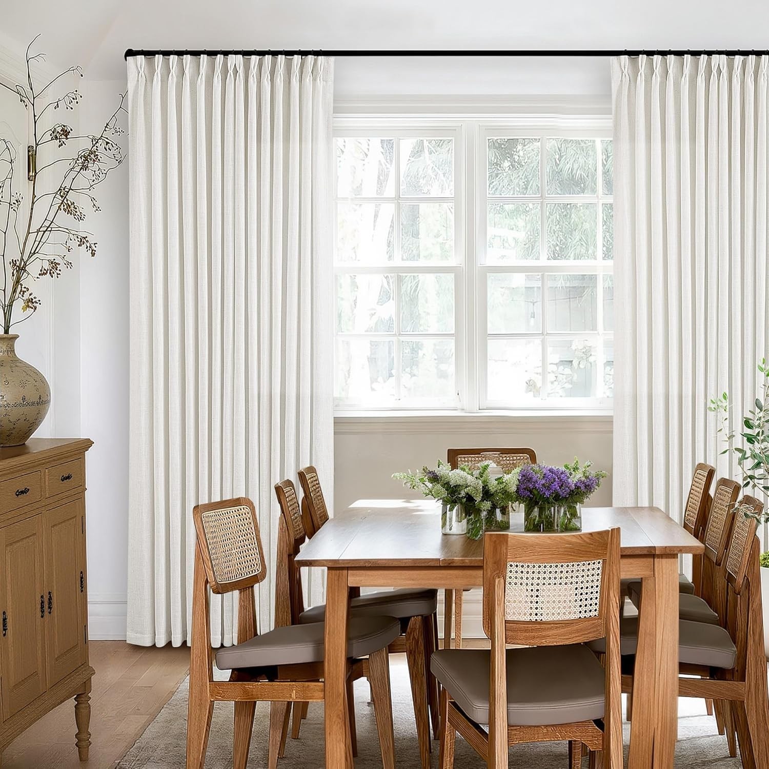 Pinch Pleated Beige White Sheer Curtains 84 Inches Long, 2 Panels Set