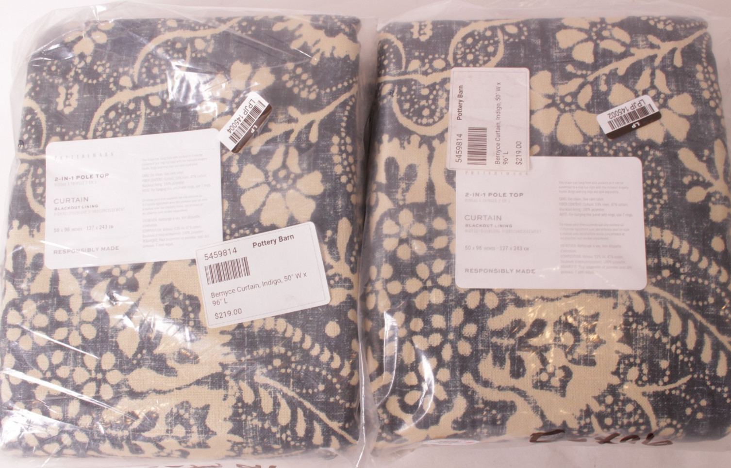 S/2 New Pottery Barn Bernyce blackout curtain panels, 50 x 96, indigo blue
