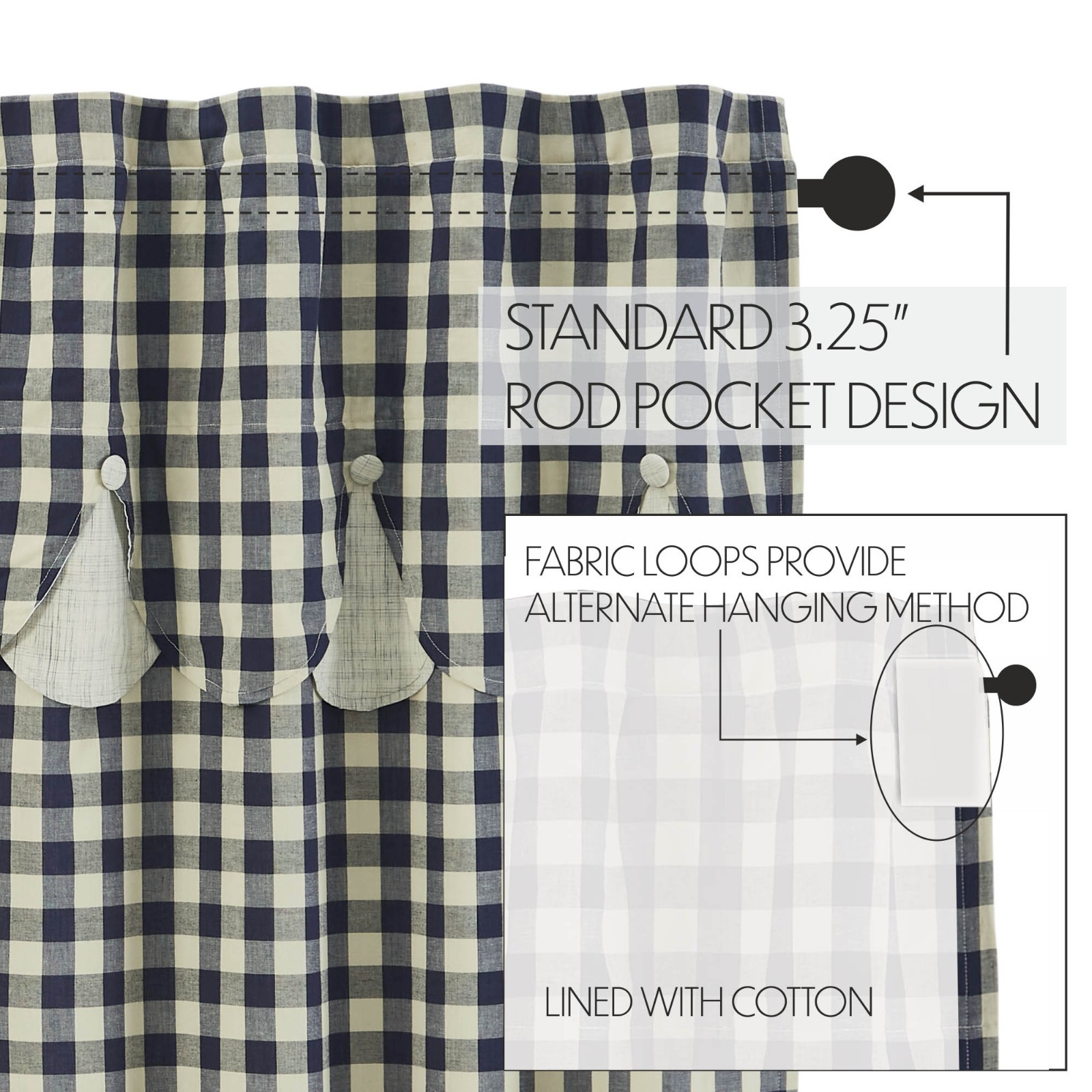 My Country Layered Scalloped Navy Check Country Lined Window Valance 60″ x 18″