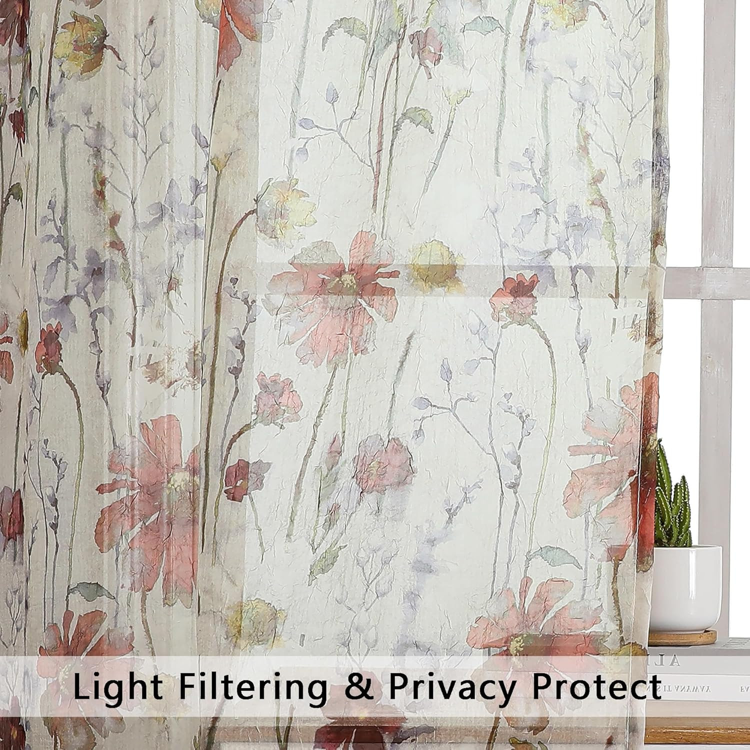 Crushed Semi Sheer Curtains 72 Inches Length 2 Panels, Floral Pattern