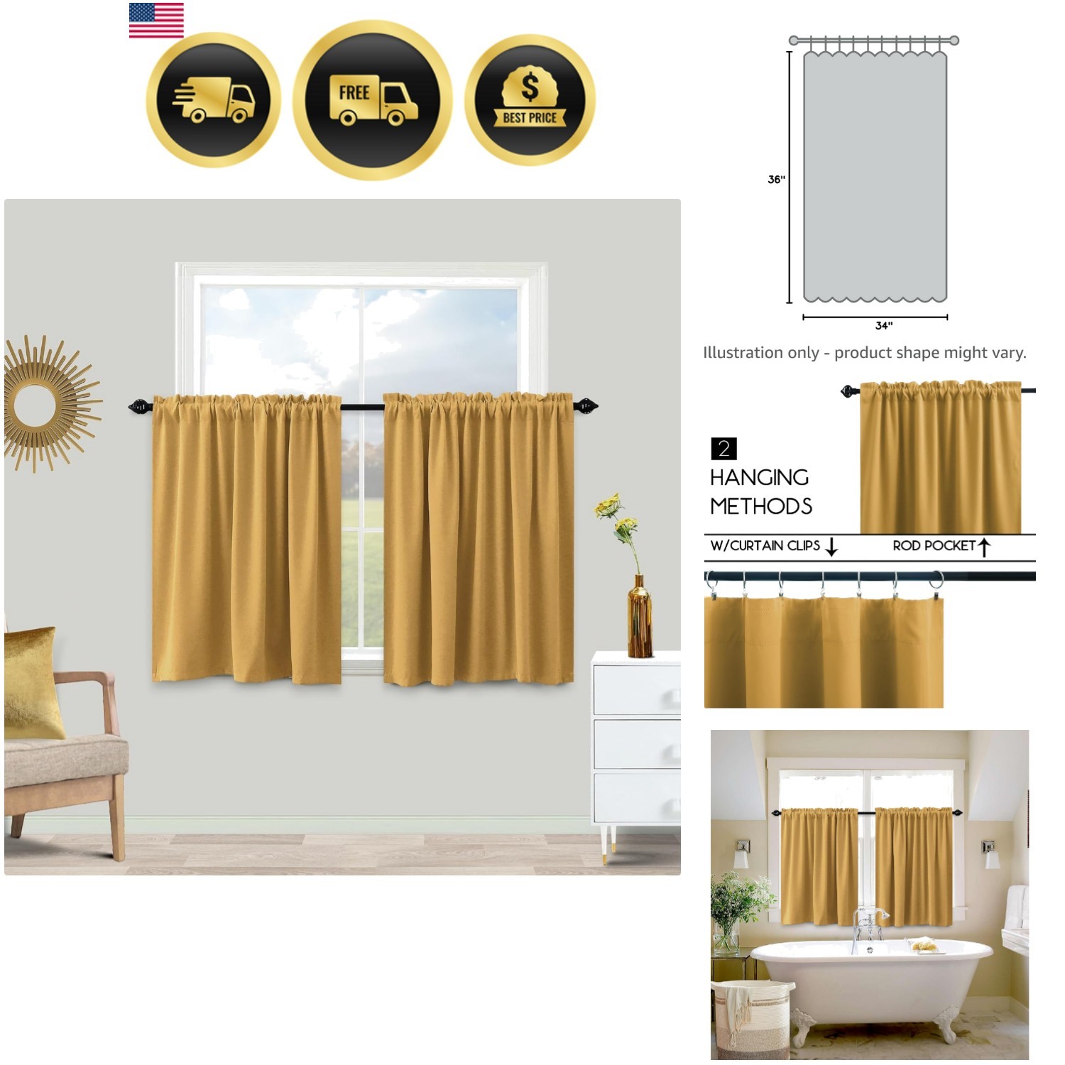 Light Gold Short Curtains 36 Inch Length for Kitchen Small Window Blackout Ro…