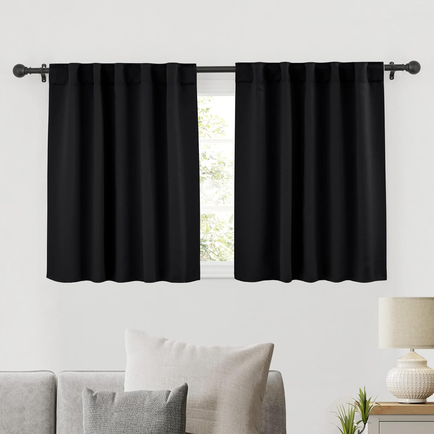Short Black Curtains for Bedroom, Blackout Thermal Insulated Curtain Tiers Small