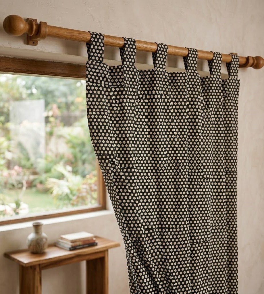 Hand Block Print Cotton Curtains, Black Polka Dot Tab Top Drapes, Boho Farmhouse