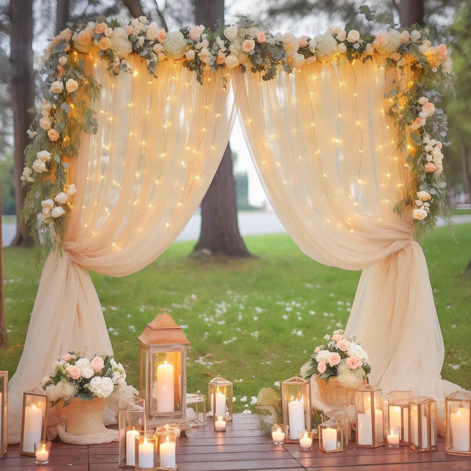 30x10ft Champagne Tulle Backdrop Curtain with Lights String for Parites, Sheer