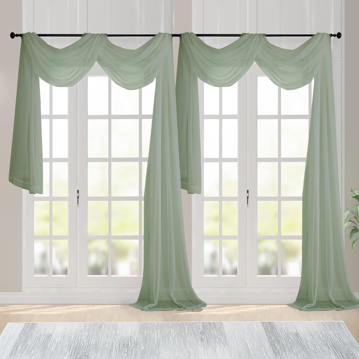 Sage Green Sheer Scarf Valances for Windows 216 Inch Extra Long, Window Scarf Dr