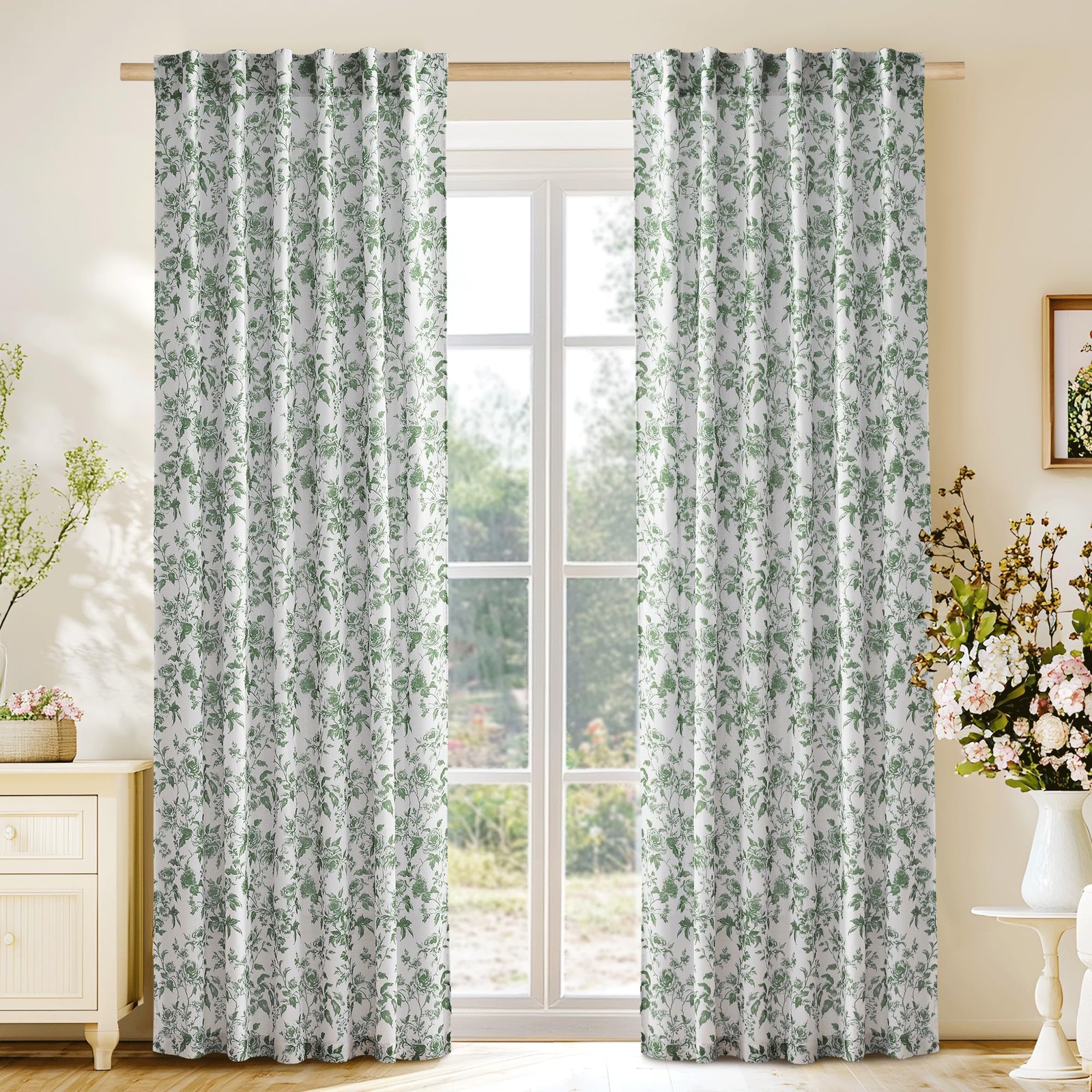 Nicetown Floral Curtains For Living Room Sage Green Linen Blend Sheer Drapes