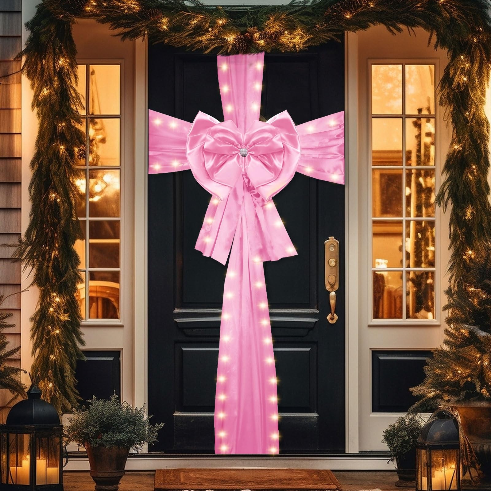 Pink Front Door Bow Pink Large Door Ribbon Bow with Rhinestone Satin Festival…