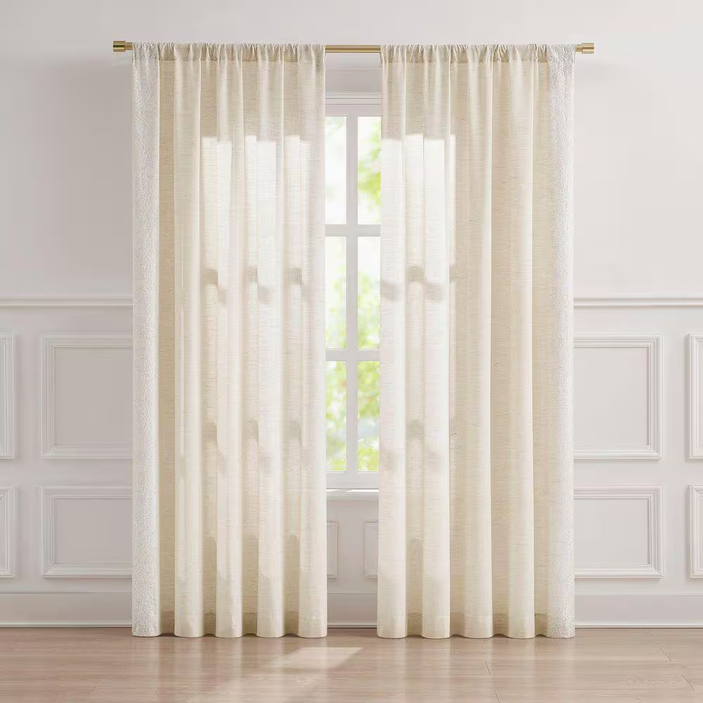 Emily Leaves Neutral Faux Linen 52 In. W X 84 In. L Rod Pocket Light Filtering C