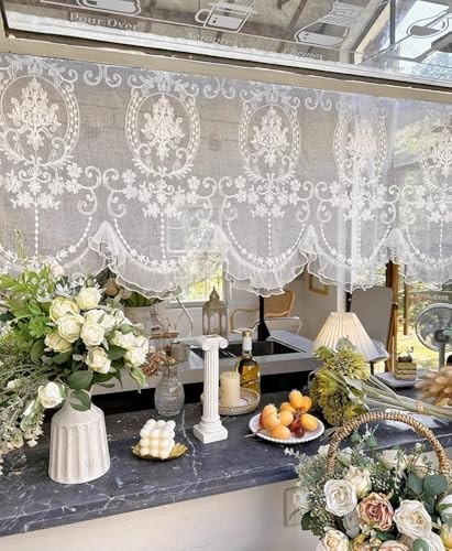 Short Lace Valances for Windows, Ruffle Lace Pearl 43″W x 26″L (Pack of 1)