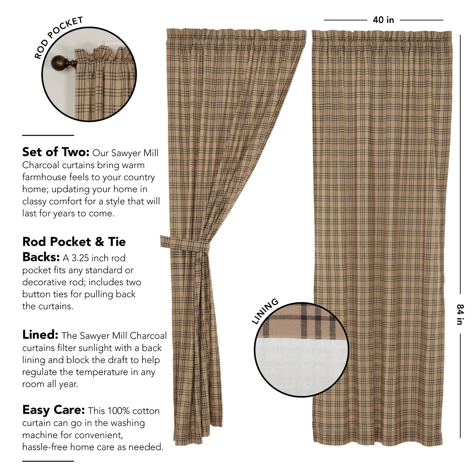 Sawyer Mill Charcoal Plaid Panel Set 84″ PANEL CURTAIN SET Rustic Country