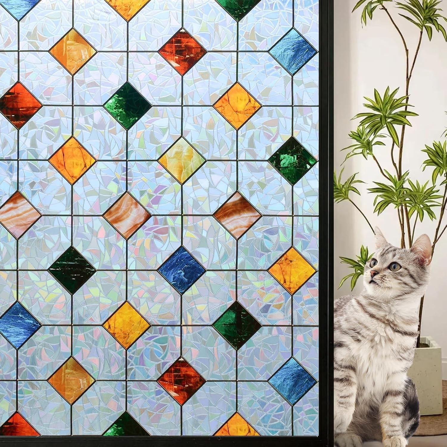 DKTIE Colorful Gem Lattice Pattern Decorative Window Privacy Film Rainbow Staine