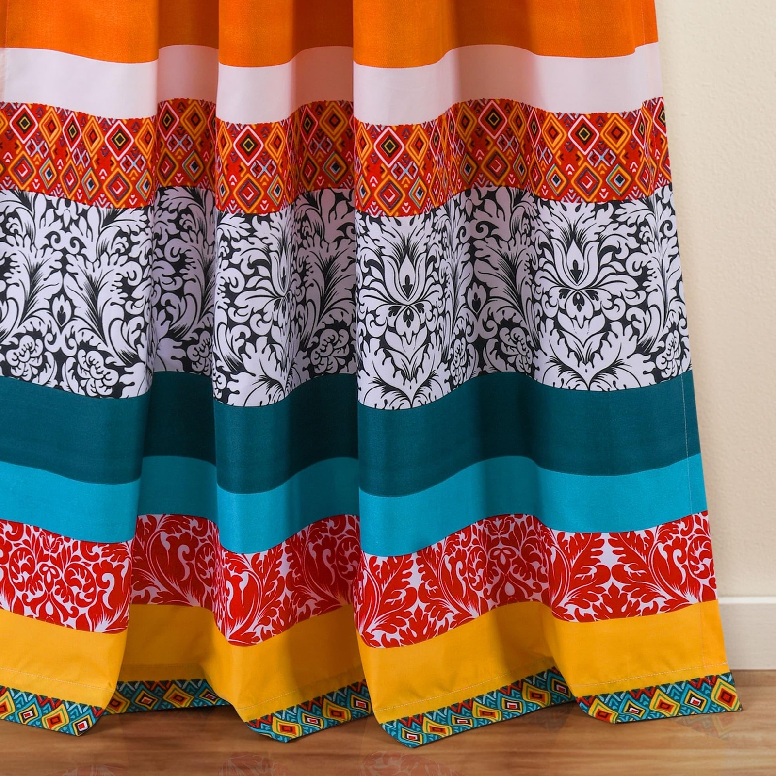 Boho Stripe Window Curtain Bohemian Geomatric Floral Design Panel Pair, 52″W …