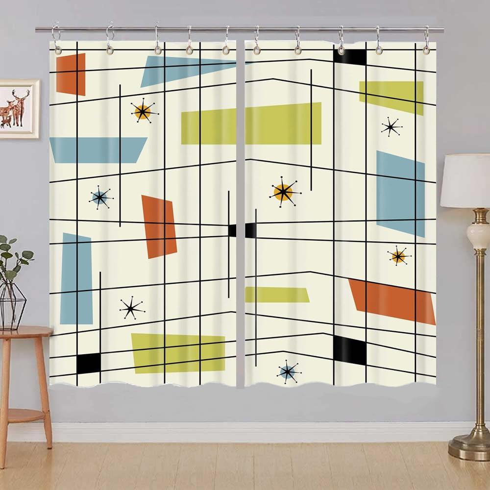 Mid Century Curtains – Abstract Geometric Blue Retro Grid Starbursts 1950S 1960S