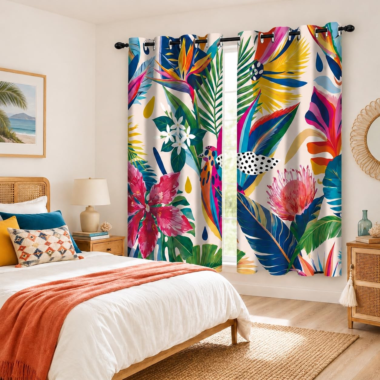 Colorful Tropical Blackout Curtains, Jungle Leaf Boho Abstract Aesthetic Art …