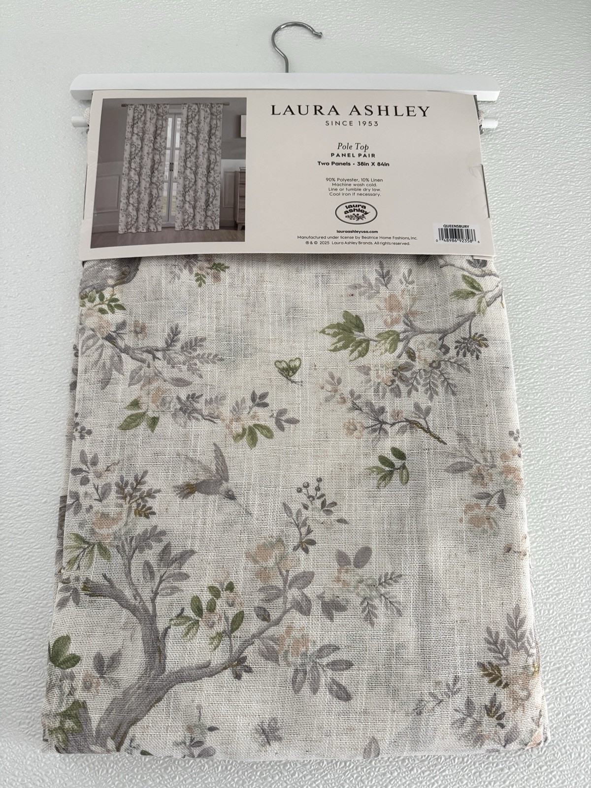 Laura Ashley Window Curtains 2 Panels 38 x 84″ Linen Khaki Gray Cream Pole Top