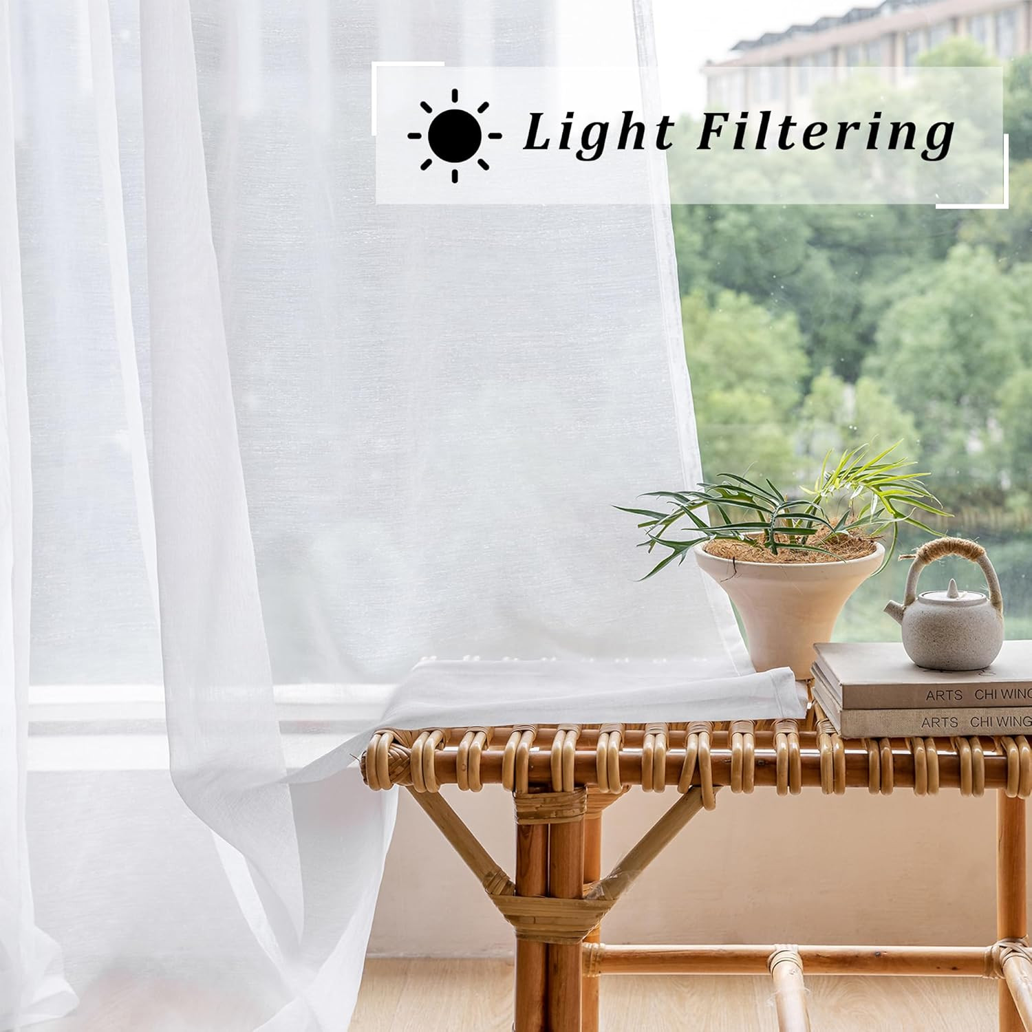 White Pinch Pleated Semi-Sheer Curtains for Living Room, 2 Panels 52×96
