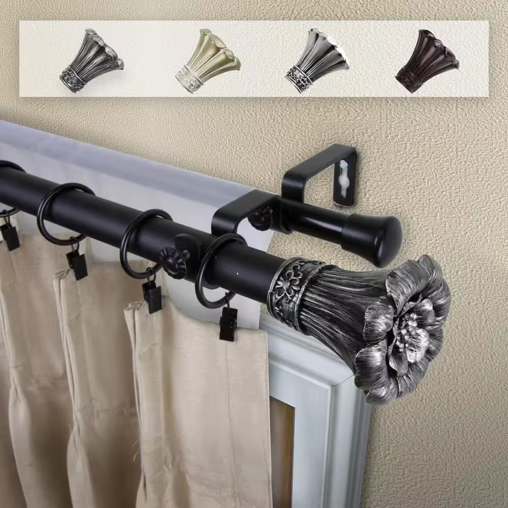 66 In. – 120 In. 1 In. Blossom Double Curtain Rod Set in Black