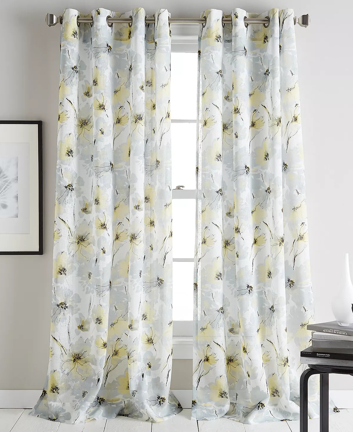 DKNY Modern Bloom Floral/Flower Sheer Grommet Single Curtain Panel, Yellow