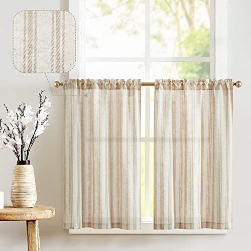 Linen Kitchen Curtains Striped Tier 2 x W26 x L36 Striped Taupe on Beige