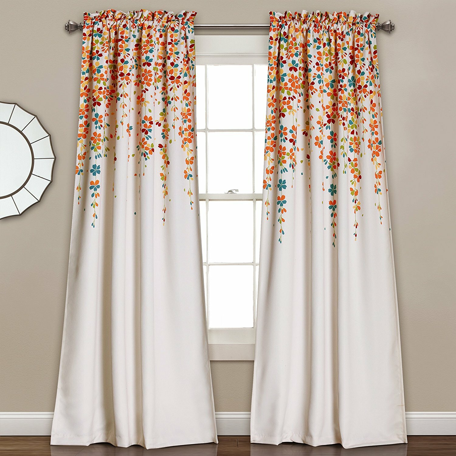 Set 2 Blue Orange White Floral Vines Curtains Panels Drapes 95 inch L Darkening