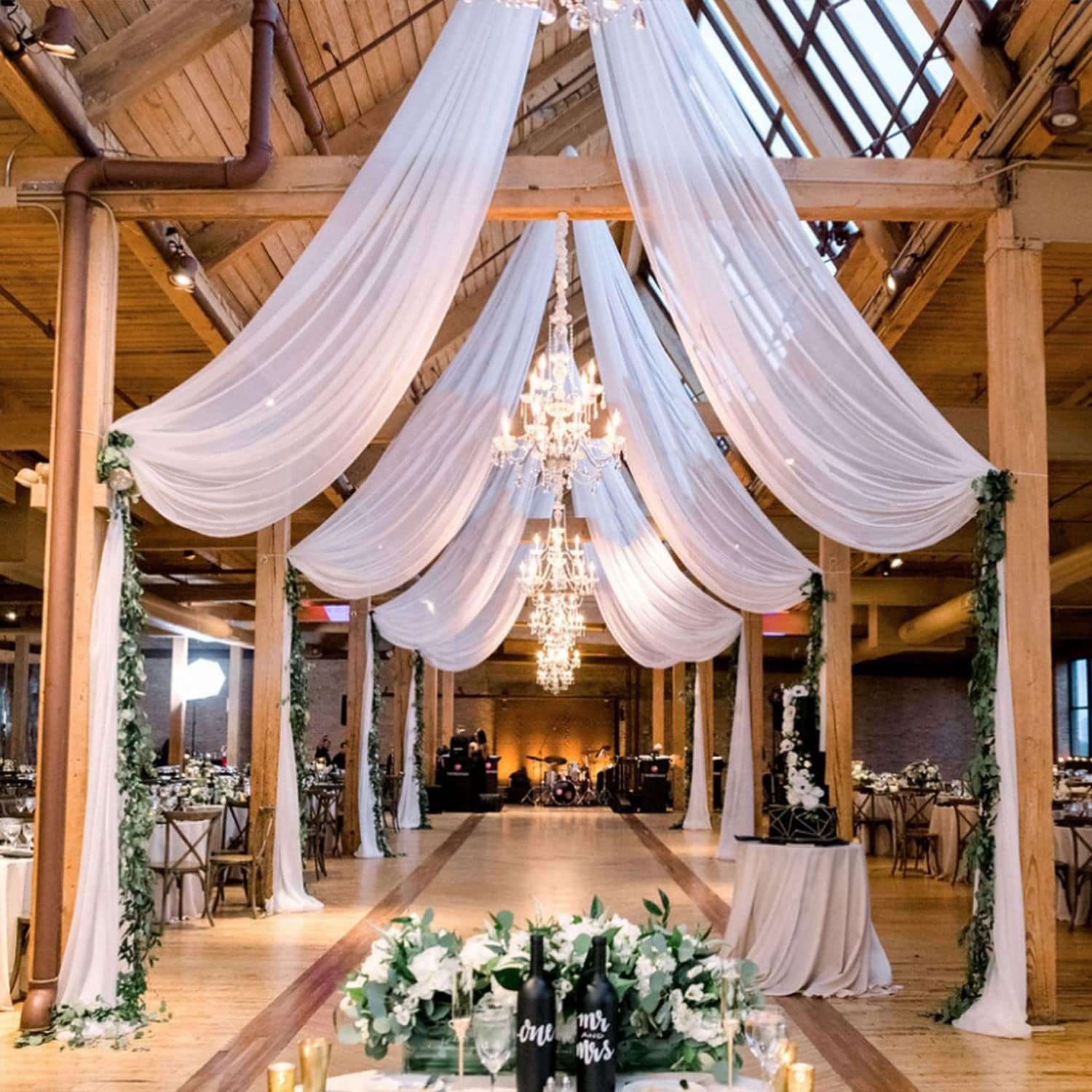 White Ceiling Drapes for Weddings 5X20Ft 6 Panels Sheer Chiffon Ceiling Curtain