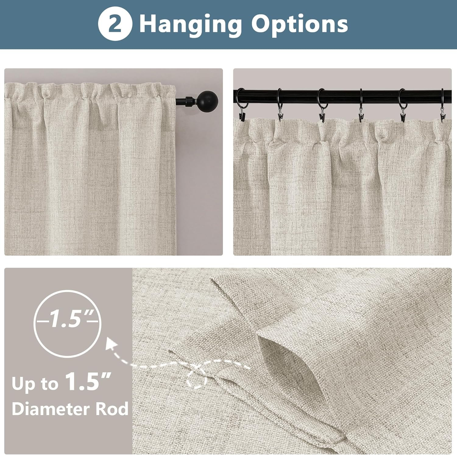Natural Cafe Curtains 24 Inch Length, Light Filtering Faux Linen Slub Textured S