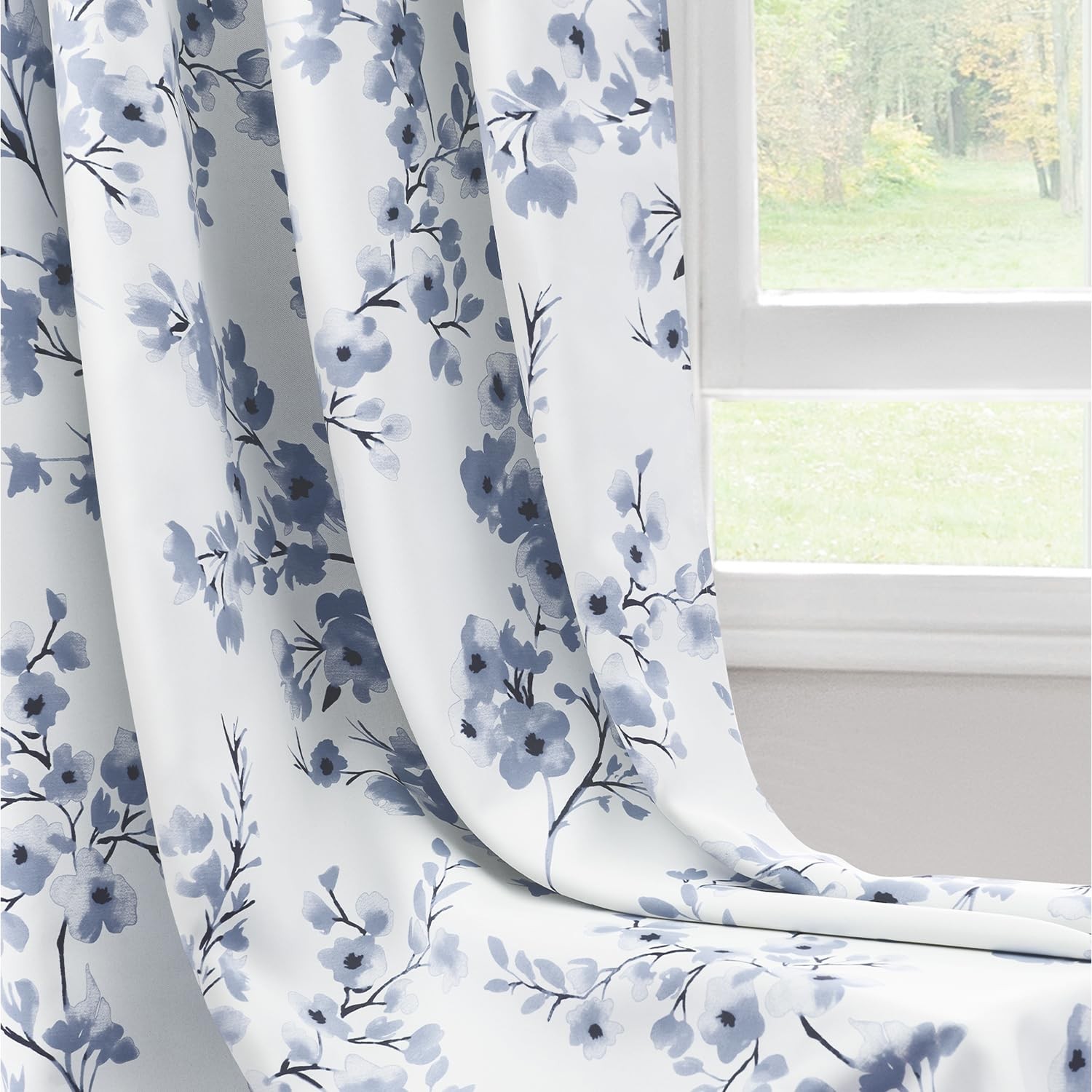 Homeideas Grey Blue Floral Blackout Curtains 52 X 84 Inches Long Room Darkening
