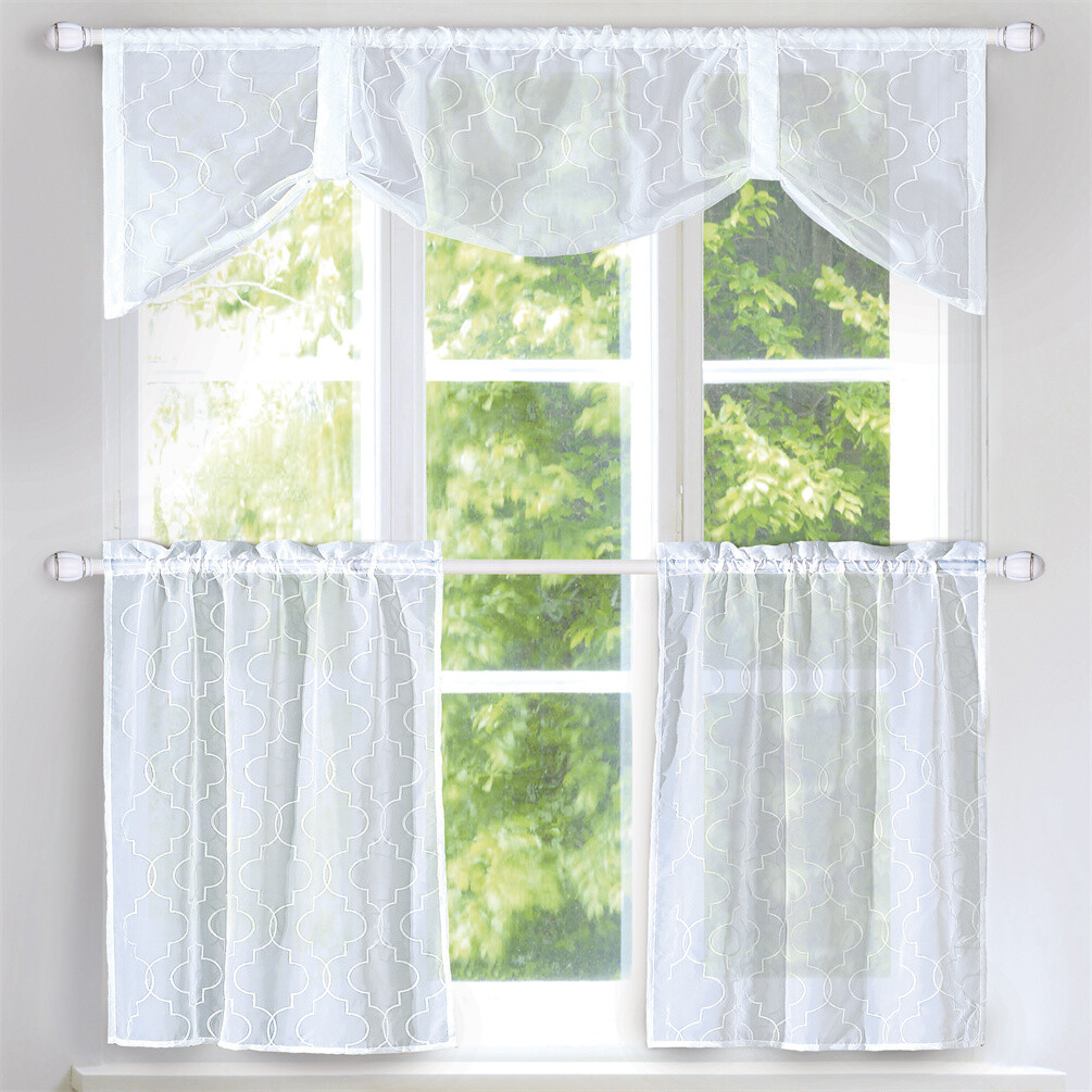 3 Piece Ogee Semi-Sheer Kitchen Window Curtains Panel Tiers & Valance Set White