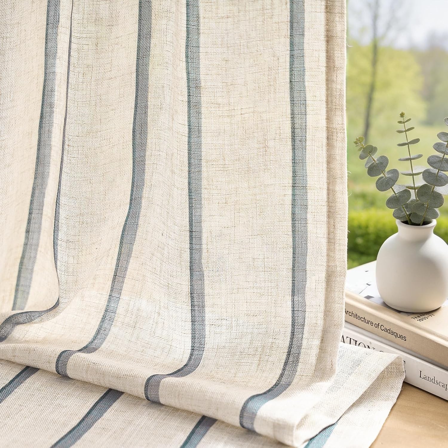 Coastal Striped Linen Curtains 96″ Blue Beige Light Filtering 2 Panels