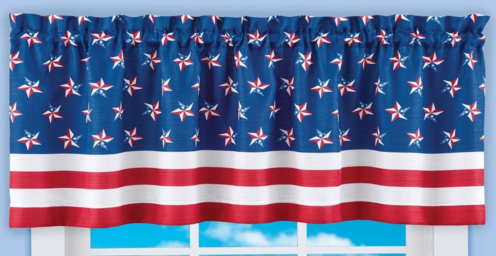 1 Fabric Printed Valance(18″x60″)(no tiers)PATRIOTIC,AMERICANA,STARS &STRIPES,CE