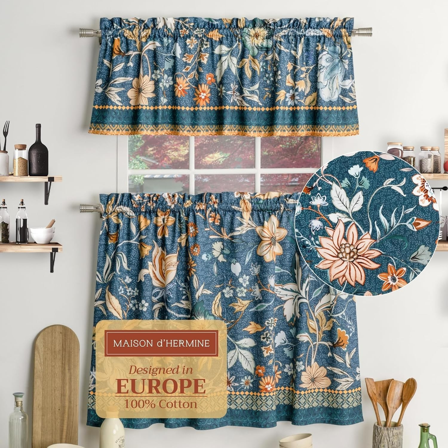 Maison d’Hermine, Kitchen Curtain Set, 2 Piece, 56″ x 18″ & 25″ x 36″