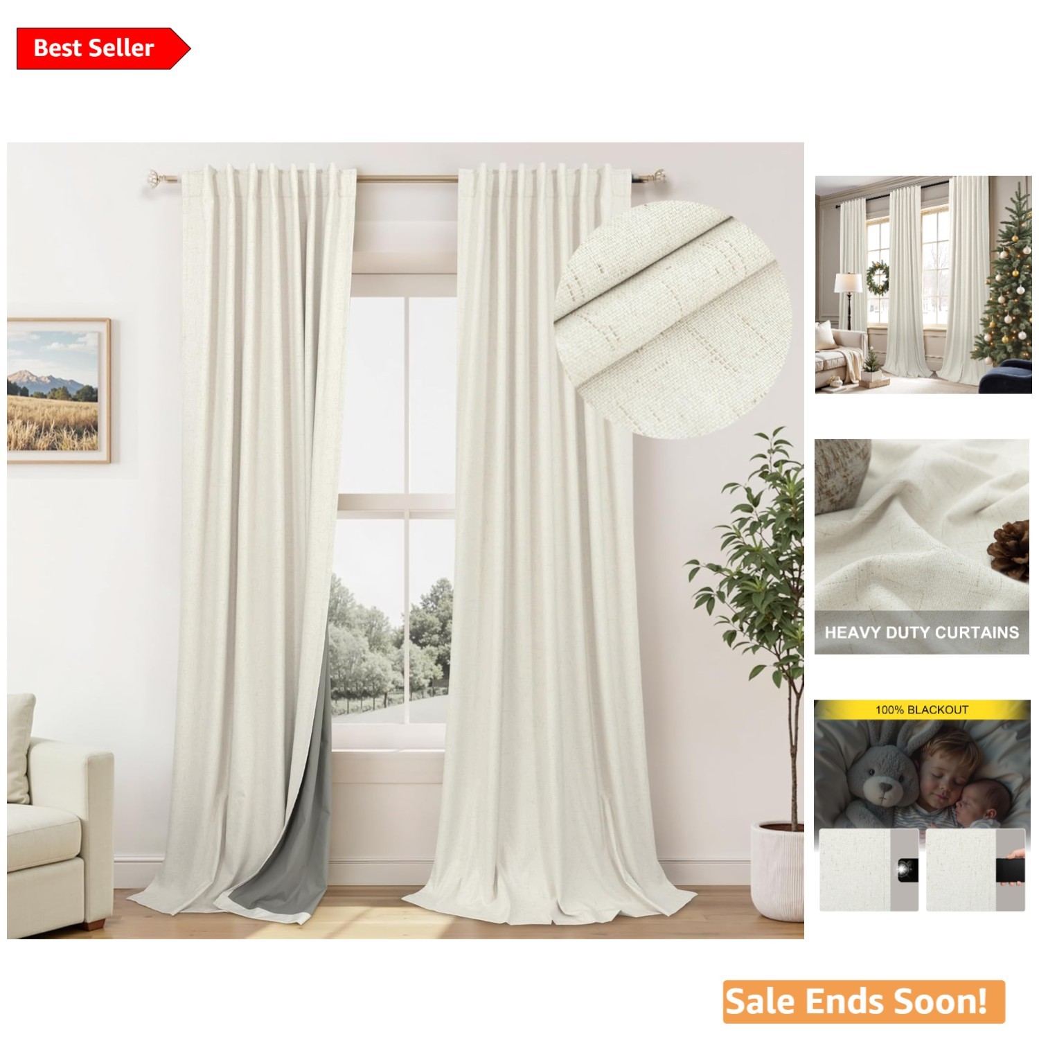 100 Blackout Linen Look Curtains for Bedroom and Living Rooms Neutral 84 Inch