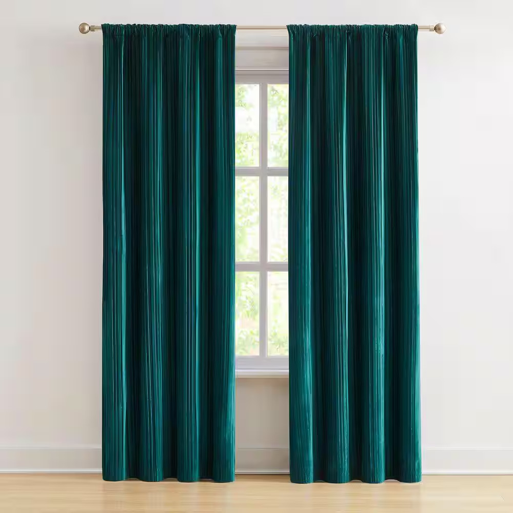 Glam Pleated Teal Velvet 38 In. W X 84 In. L Rod Pocket Light Filtering Curtain
