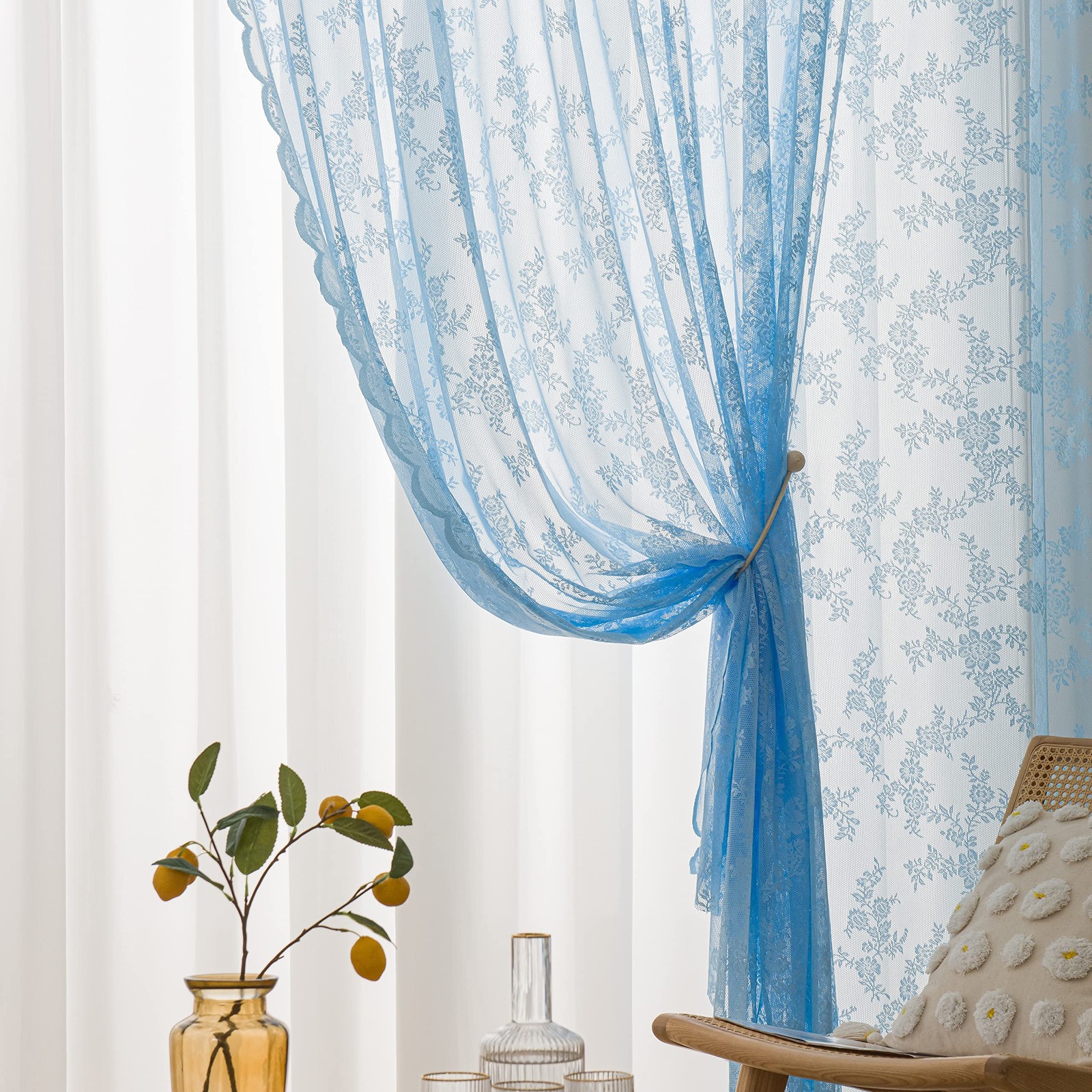 Sutuo Home Blue Lace Curtains 84 Inches Long, 57″W x 84″L (Pack of 2),